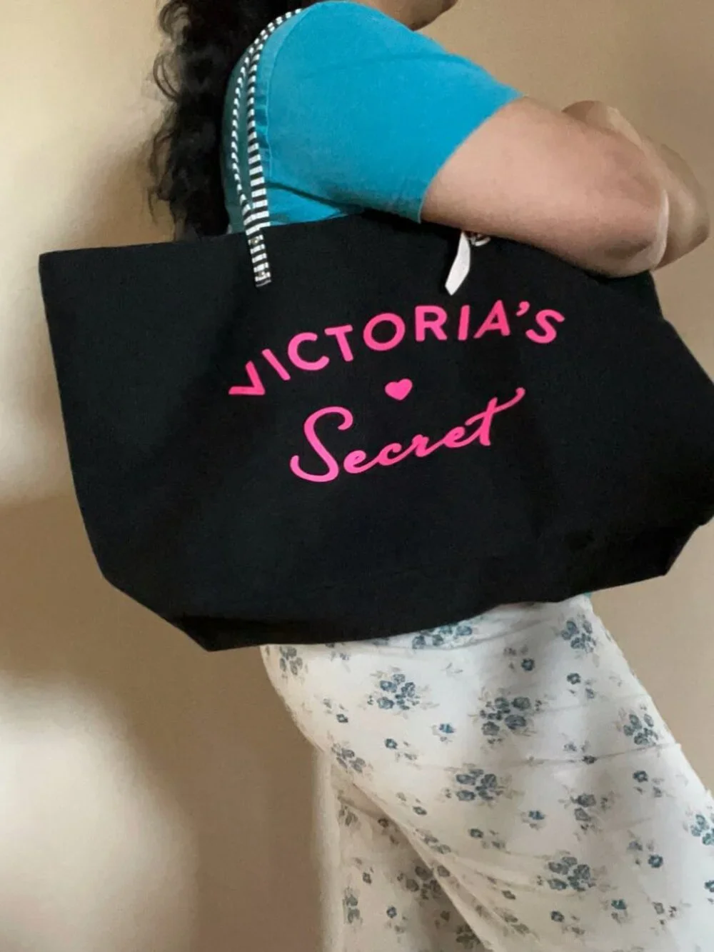 Victoria's Secret Black Canvas Beach summer travel Tote bag striped y2k oversize